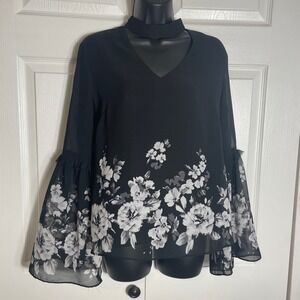 WHBM Black Floral Choker Neck Shirt Women 4 Flared Sleeve Whimsigoth Blouse Top